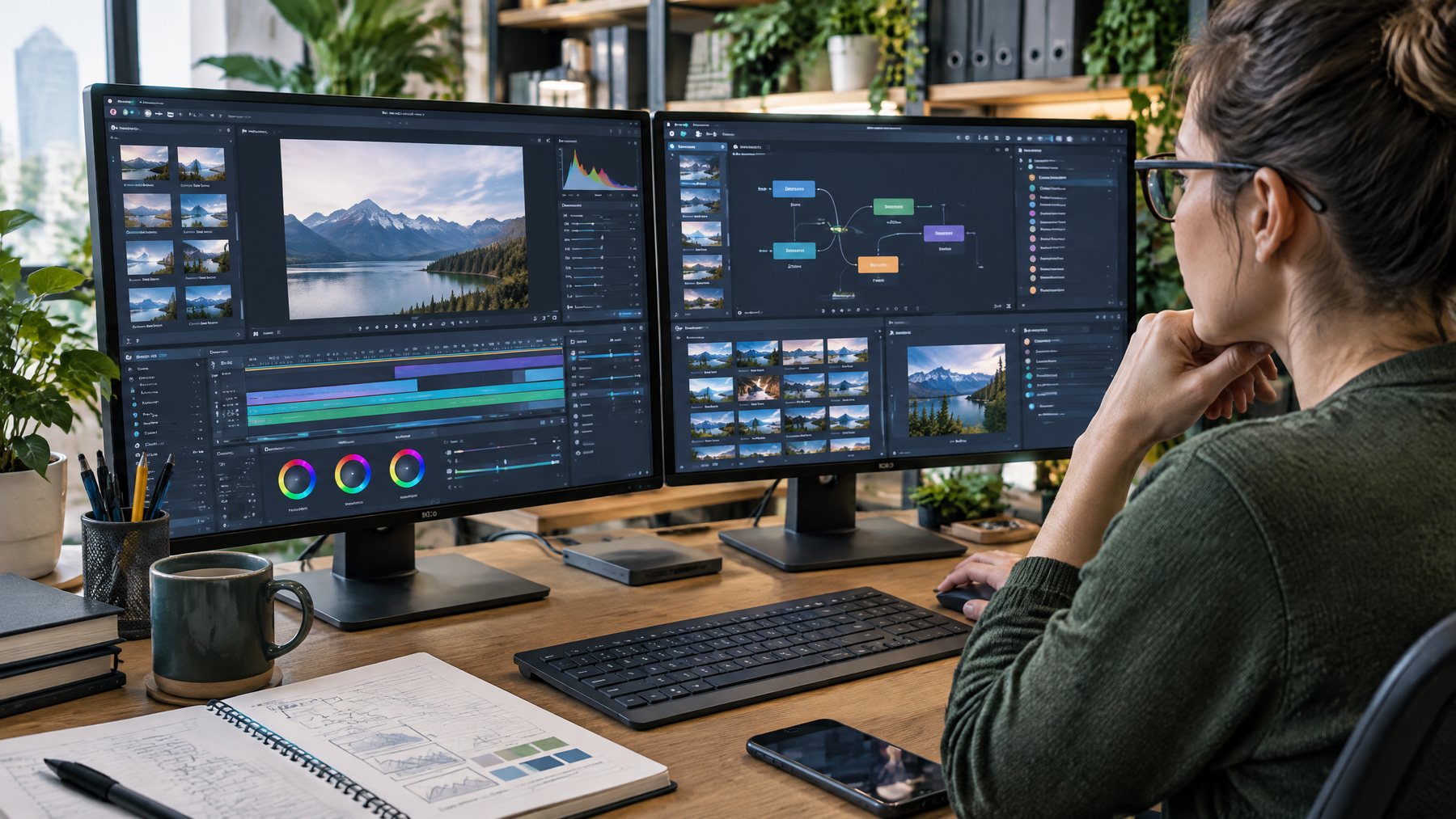 Professional reviewing a desktop work workspace with abstract app panels