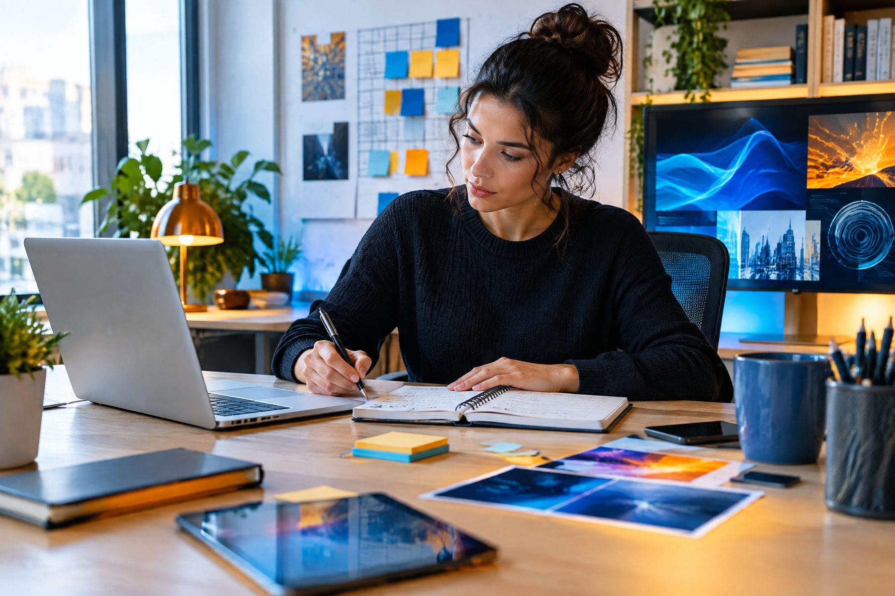 Professional organizing several work contexts at a tidy desk